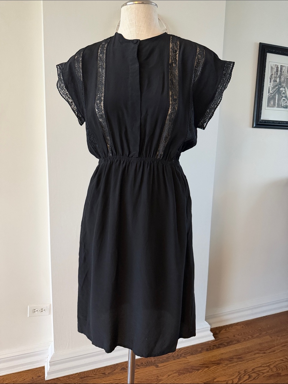 Vintage Black silk& Lace-Trim Ethos Dress